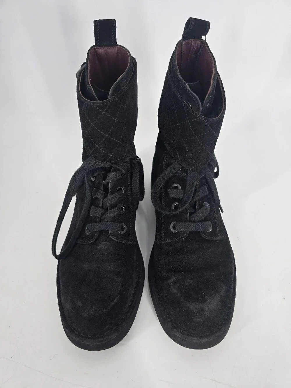 Chanel Black Suede Quilted Buckle Moto Boots Size 37